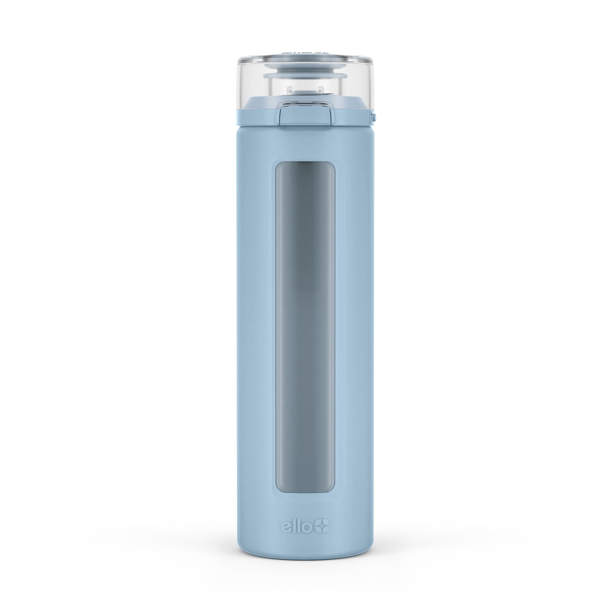 Ello Syndicate 20oz Reusable Glass Water Bottle with One-Touch Leak Proof Flip Lid, Protective Non-Slip Silicone Sleeve, Carry Loop for Coffee, Tea and Water, BPA-free, Dishwasher Safe, Tech Blue