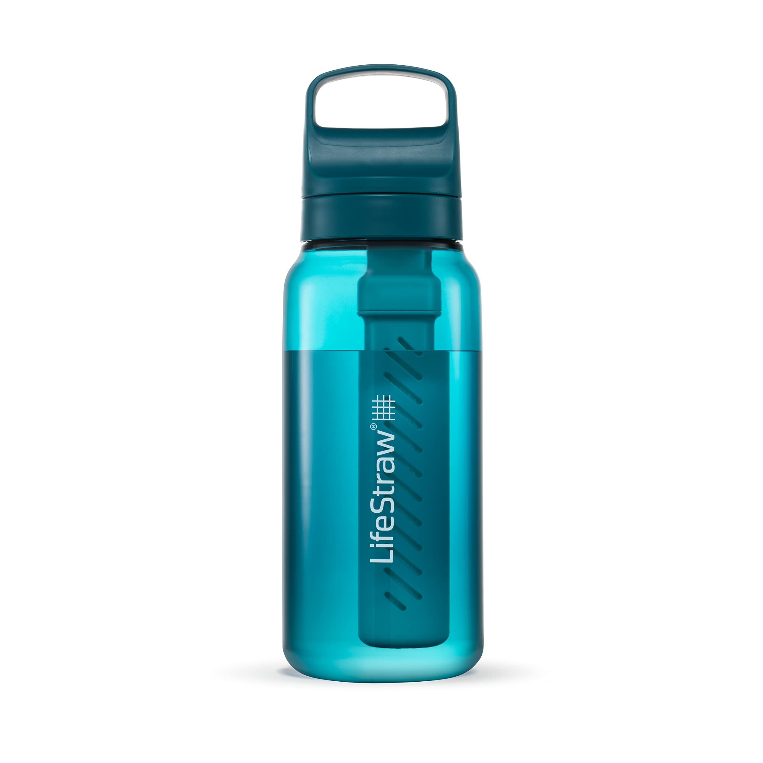 LifeStraw Go Series, BPA-Free Water Bottle for Travel and Everyday Use Removes Bacteria, Parasites, Microplastics, Improves Taste, 22oz 2-Pack; Icelandic Blue and Aegean Sea