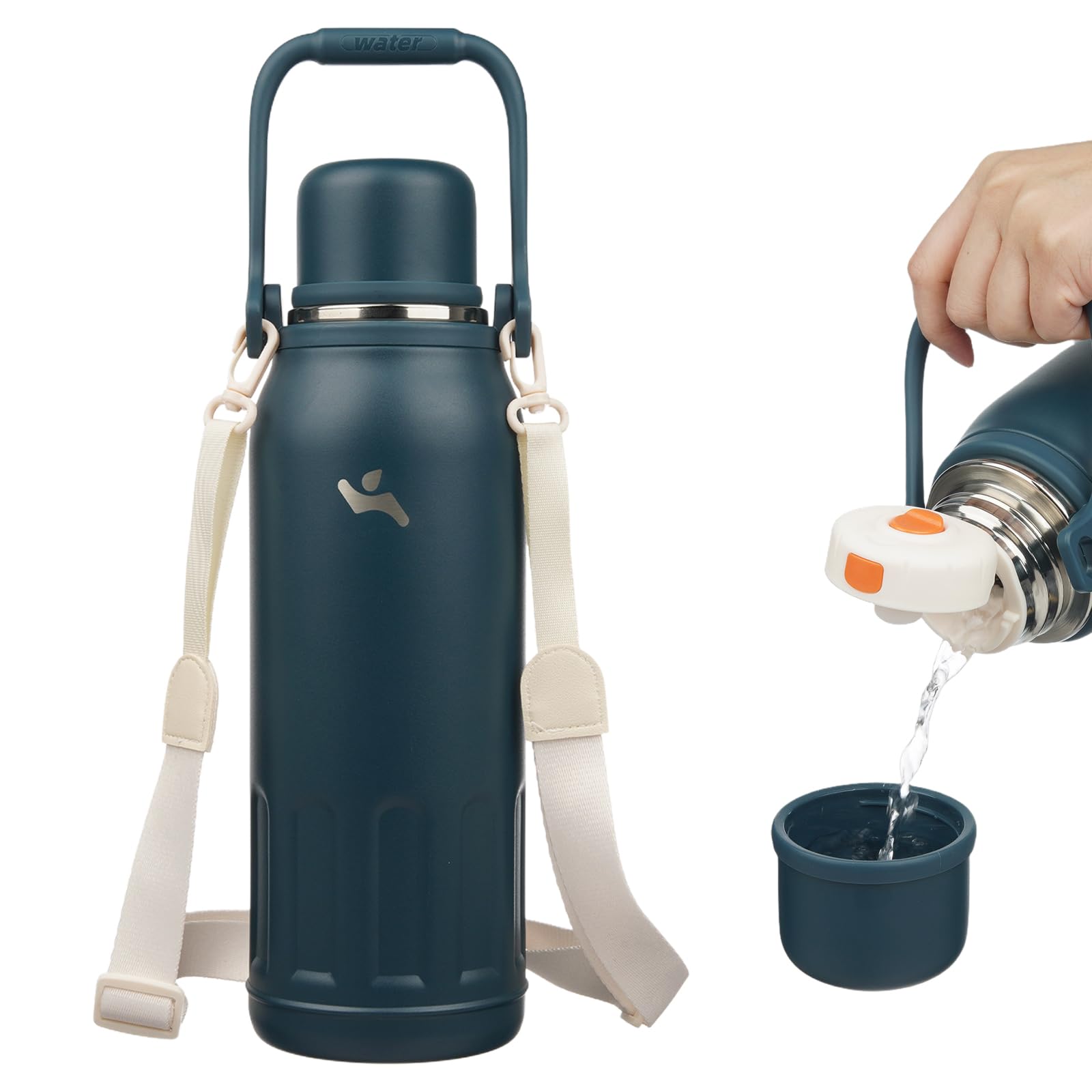 Insulated Water Bottle with Handle and Strap,Vacuum Travel Tumbler with Cup Lid,Thermo Coffee Cup for Hot Cold Drinks 27 OZ,Blue Haze