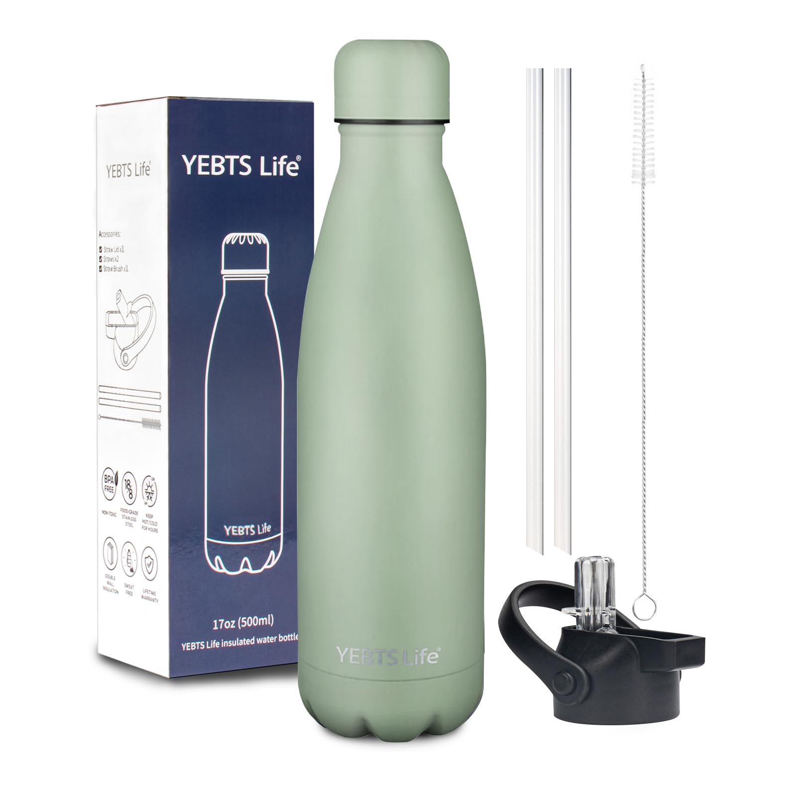 Insulated Water Bottle,12oz Stainless Steel Water Bottles with straw lid,Metal Sports Water Bottles for Boys,Girls,Double Wall Vacuum BPA-Free Flask for School, Sports & Travel-Sliver