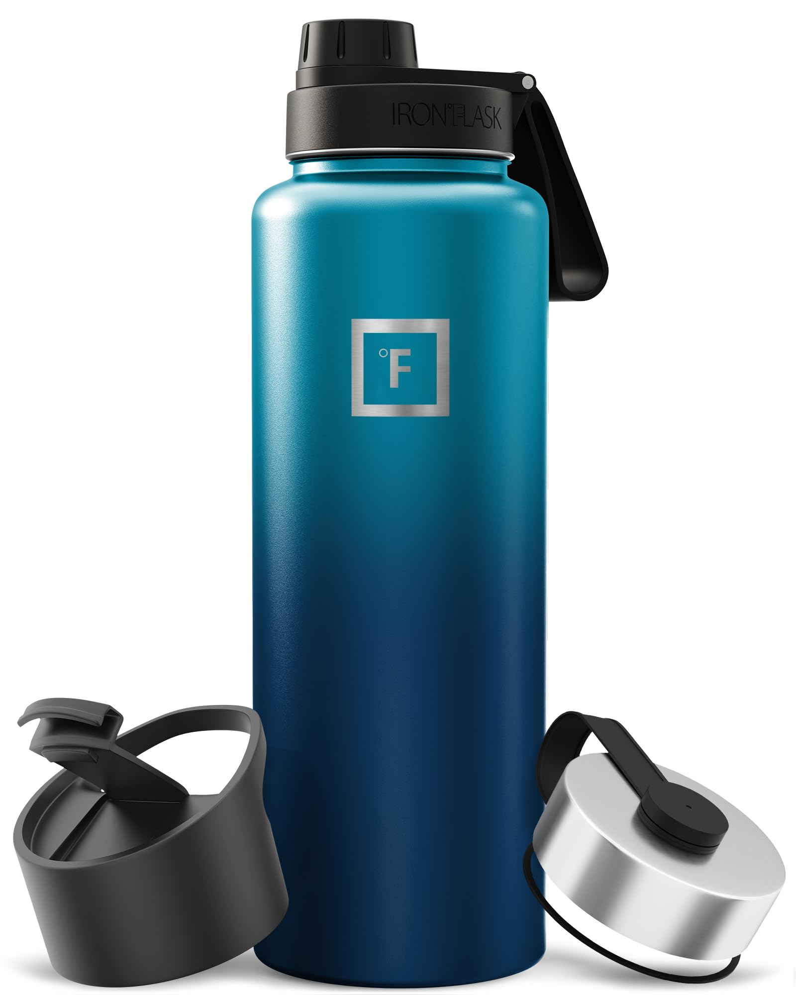 IRON °FLASK Camping & Hiking Hydration Flask with Straw, Wide Mouth Insulated Stainless Steel Sports Water Bottle - 40 oz Blue Waves