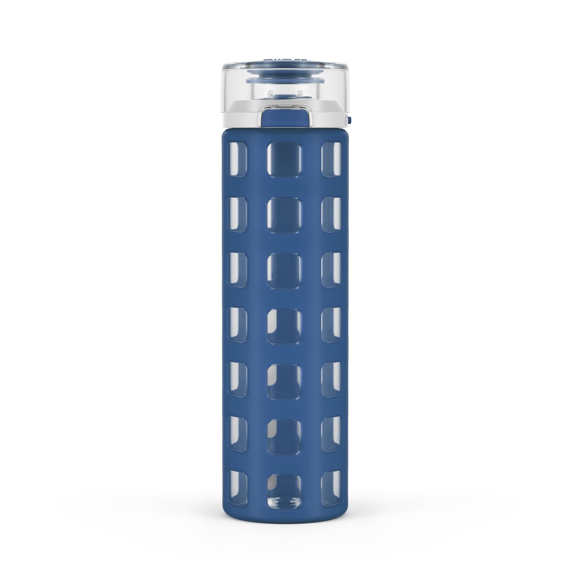 Ello Syndicate 20oz Reusable Glass Water Bottle with One-Touch Leak Proof Flip Lid, Protective Non-Slip Silicone Sleeve, Carry Loop for Coffee, Tea and Water, BPA-free, Dishwasher Safe, Tech Blue