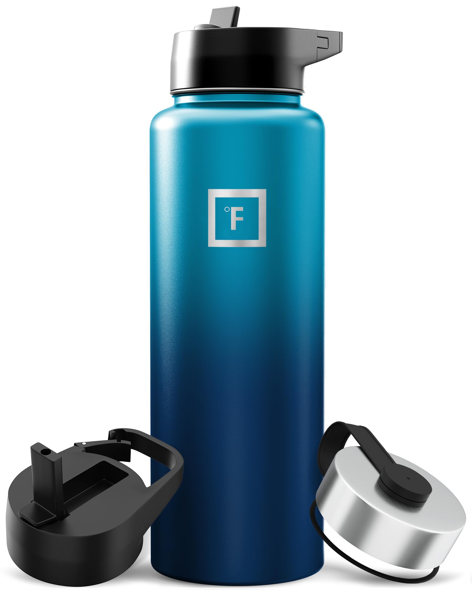IRON °FLASK Camping & Hiking Hydration Flask with Straw, Wide Mouth Insulated Stainless Steel Sports Water Bottle - 40 oz Blue Waves