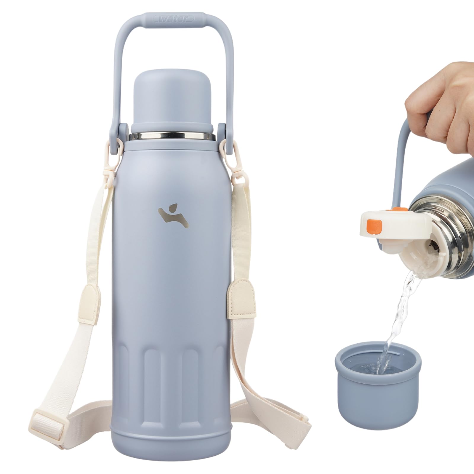 Insulated Water Bottle with Handle and Strap,Vacuum Travel Tumbler with Cup Lid,Thermo Coffee Cup for Hot Cold Drinks 27 OZ,Blue Haze