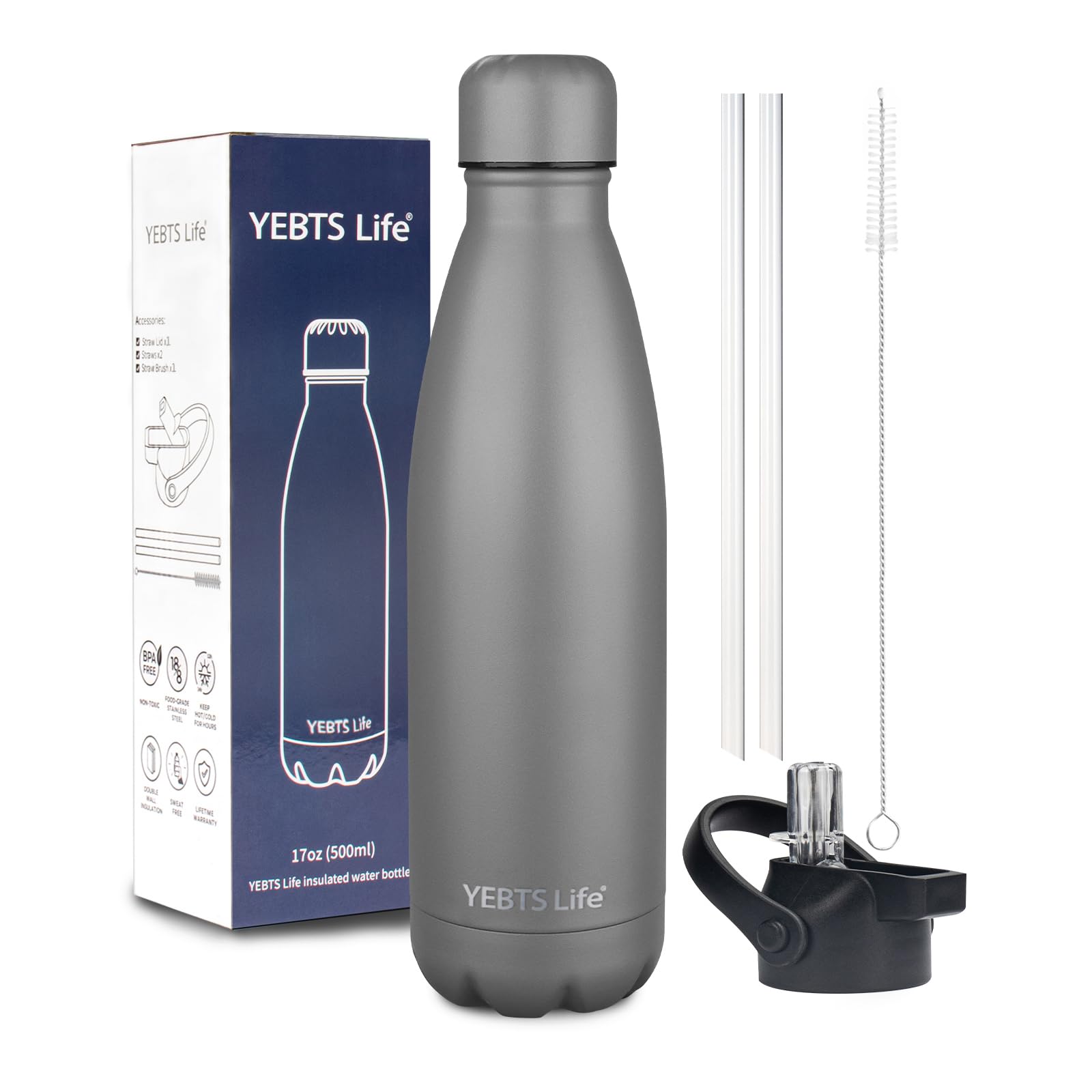 Insulated Water Bottle,12oz Stainless Steel Water Bottles with straw lid,Metal Sports Water Bottles for Boys,Girls,Double Wall Vacuum BPA-Free Flask for School, Sports & Travel-Sliver