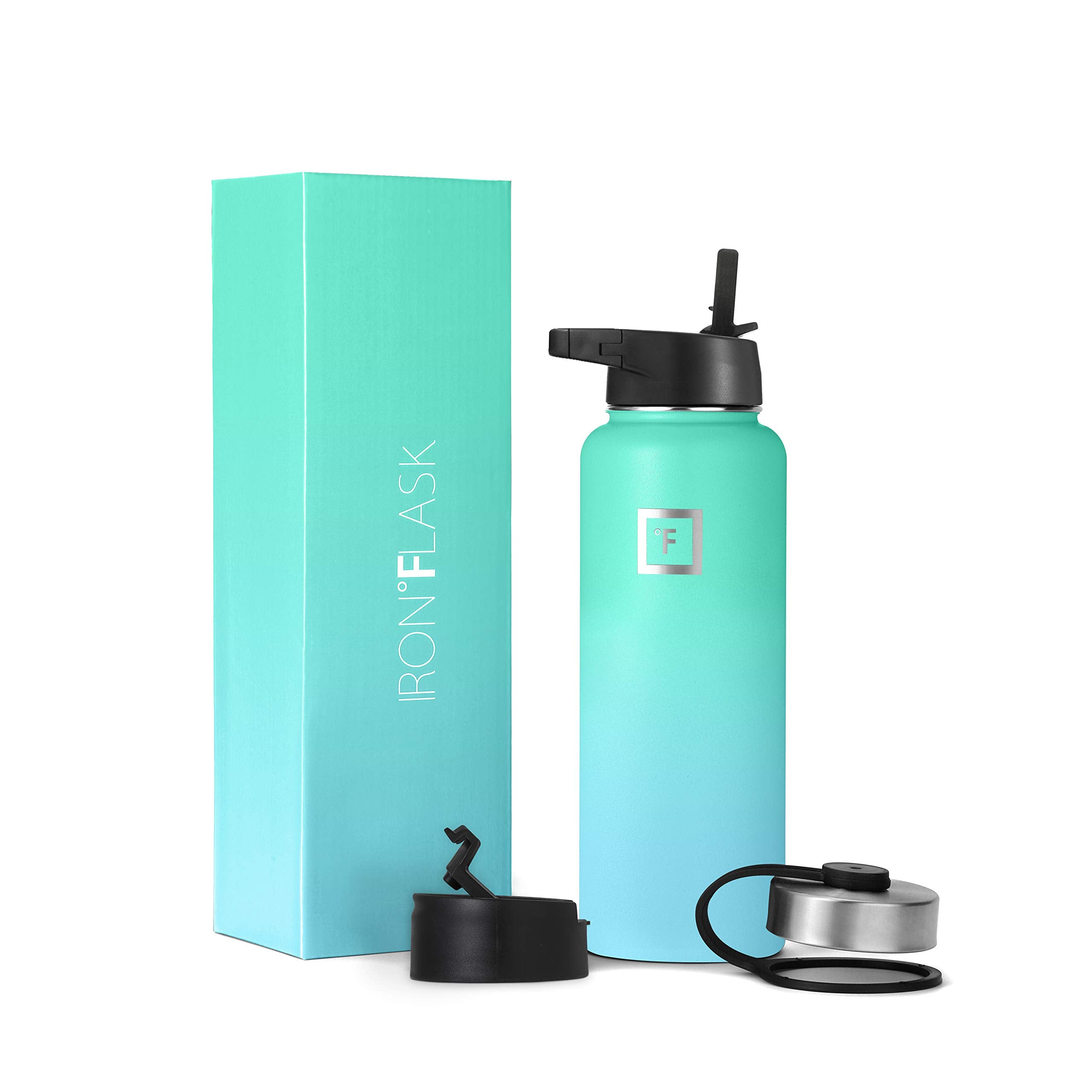 IRON °FLASK Camping & Hiking Hydration Flask with Straw, Wide Mouth Insulated Stainless Steel Sports Water Bottle - 40 oz Blue Waves