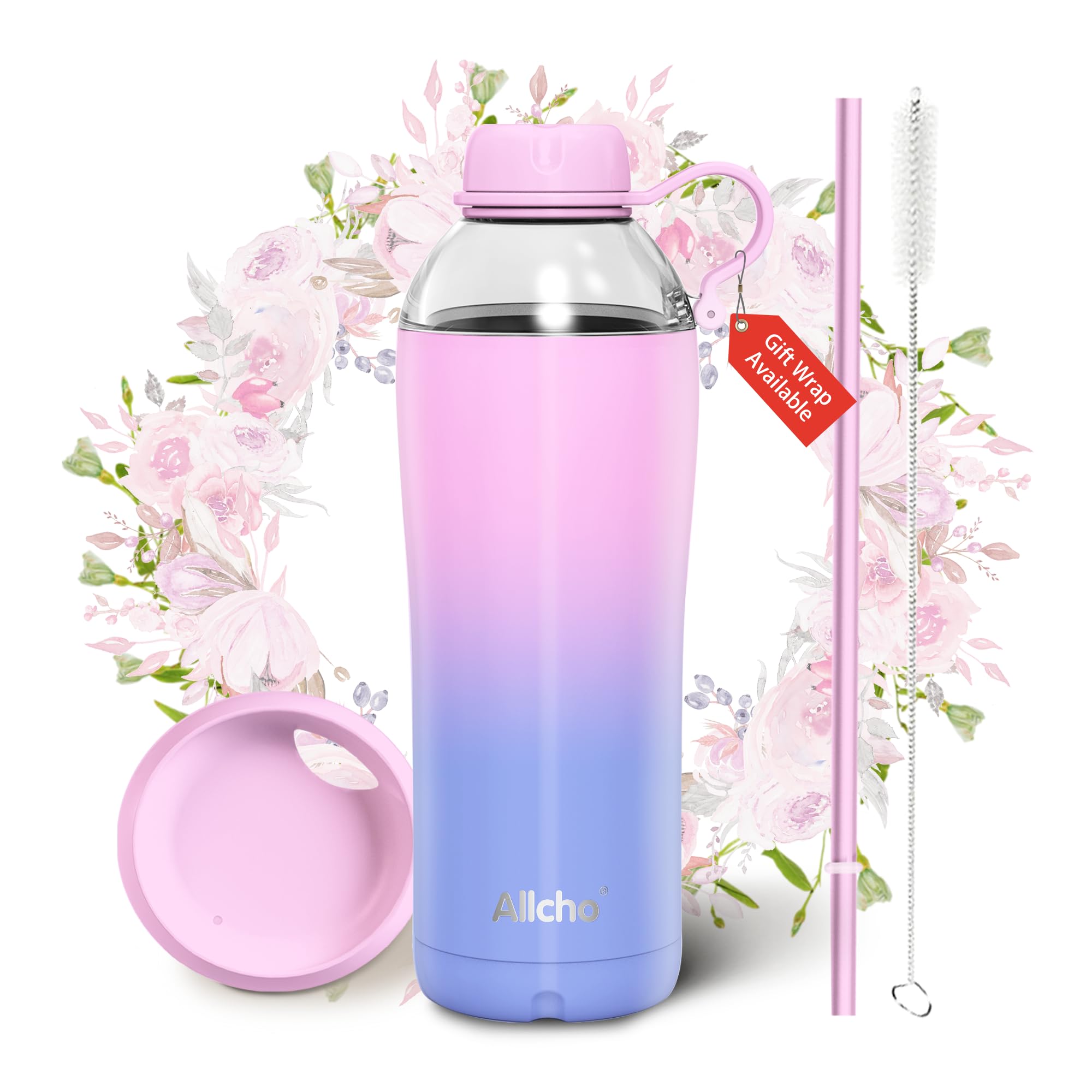 Insulated Water Bottle for Women, 24 oz Stainless Steel Water Bottles, Double Walled, 2 Lids (Chug & Tumbler) - Hydrate & Caffeinate,Available Gift Wrapping