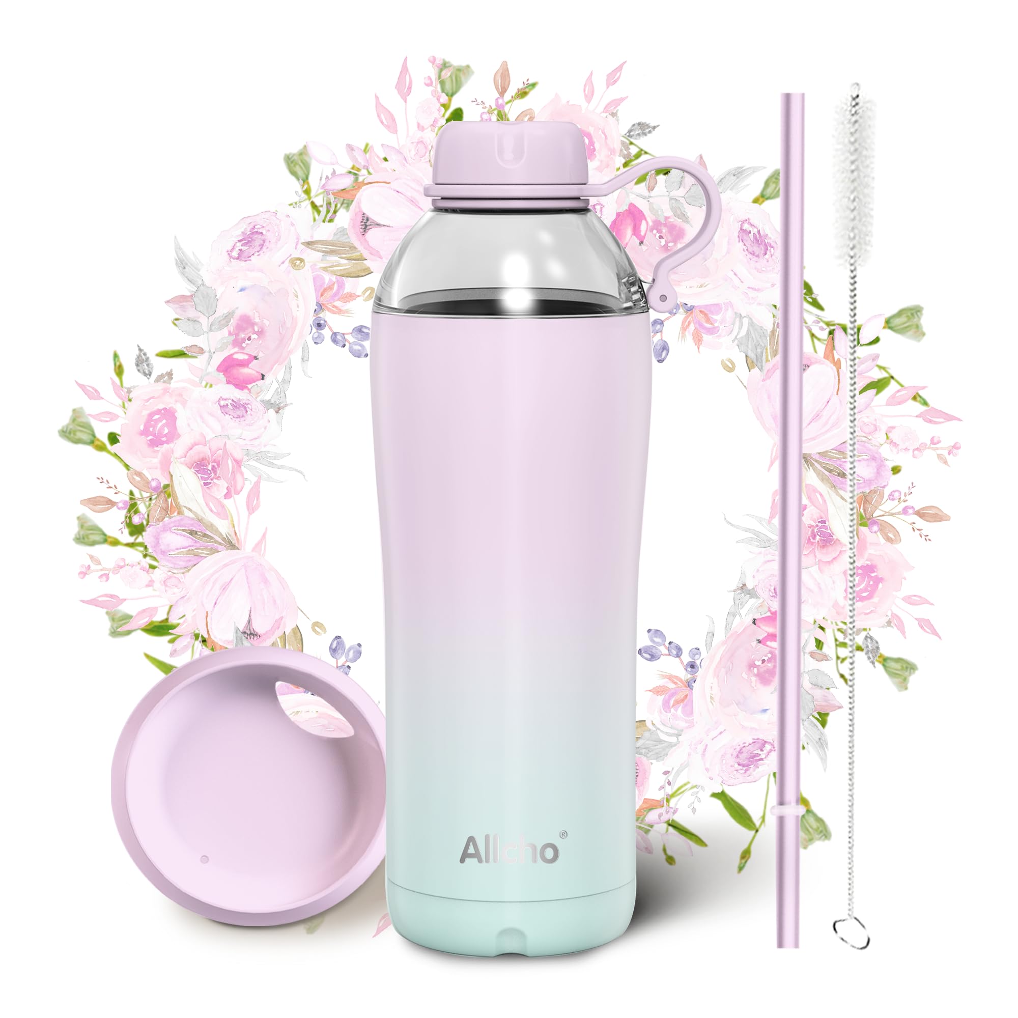 Insulated Water Bottle for Women, 24 oz Stainless Steel Water Bottles, Double Walled, 2 Lids (Chug & Tumbler) - Hydrate & Caffeinate,Available Gift Wrapping
