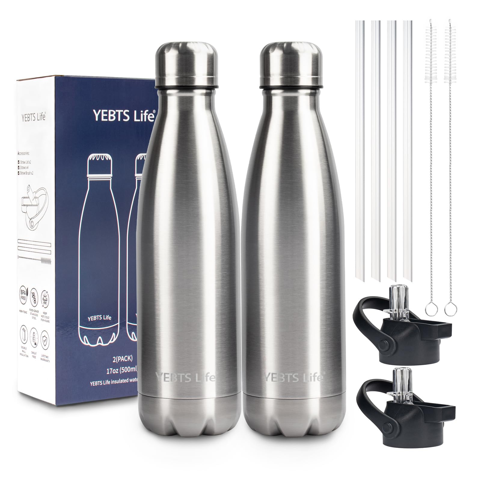 Insulated Water Bottle,12oz Stainless Steel Water Bottles with straw lid,Metal Sports Water Bottles for Boys,Girls,Double Wall Vacuum BPA-Free Flask for School, Sports & Travel-Sliver