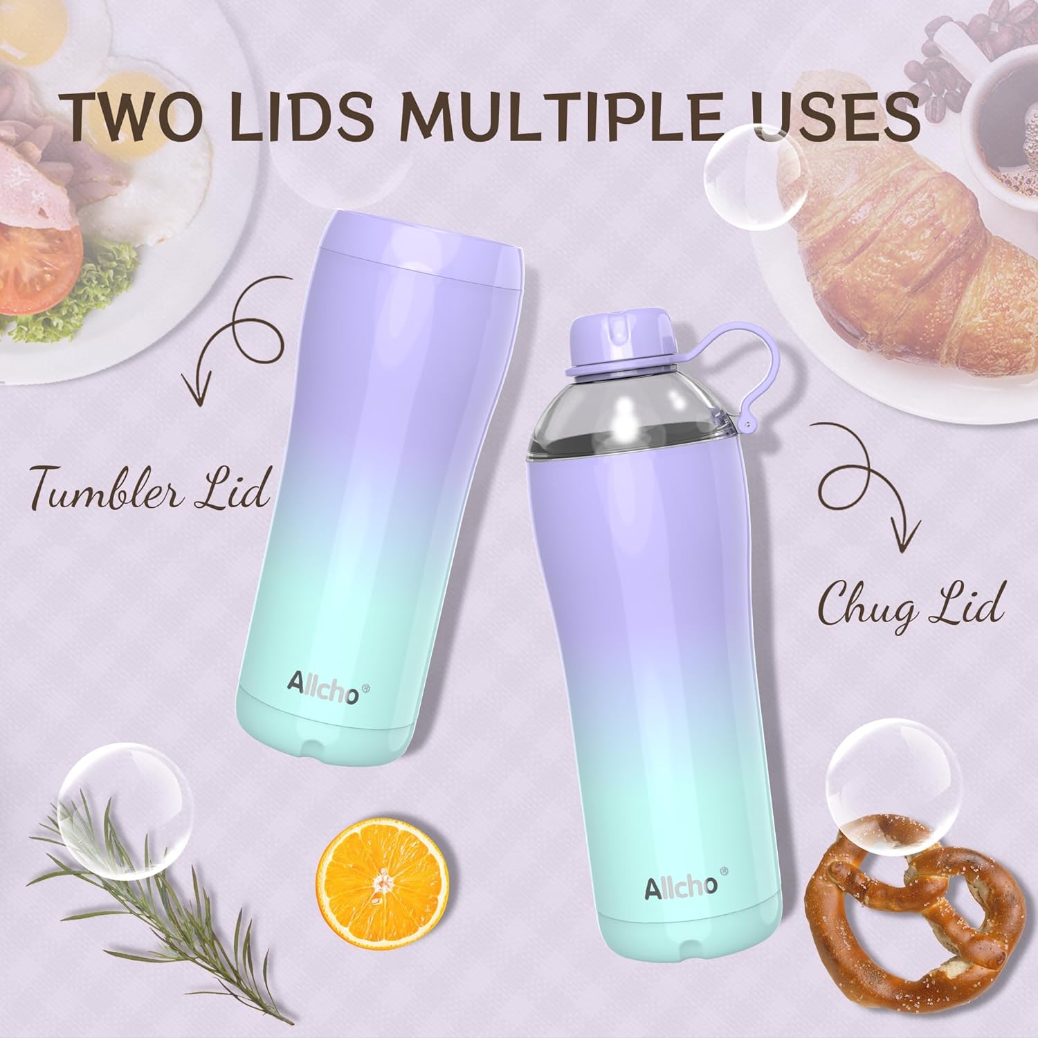 Insulated Water Bottle for Women, 24 oz Stainless Steel Water Bottles, Double Walled, 2 Lids (Chug & Tumbler) - Hydrate & Caffeinate,Available Gift Wrapping